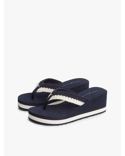 Tommy Hilfiger Blue Wedge Heel Woven Flip-Flops