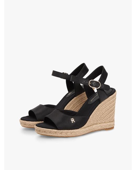 Tommy Hilfiger Black Satin Th Monogram Wedge Espadrilles