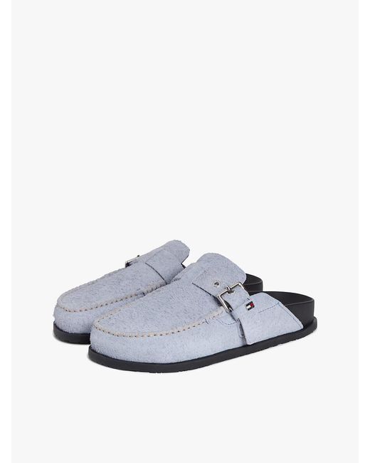 Tommy Hilfiger White Textured Suede Buckle Mules
