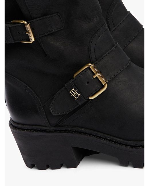 Tommy Hilfiger Black Leather Buckle Cleat Biker Boots