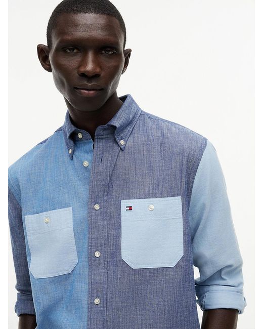 Tommy Hilfiger Blue Relaxed Fit Colour-Blocked Chambray Shirt for men