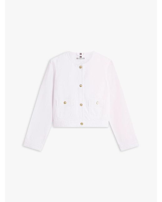 Tommy Hilfiger White Tone Button Collarless Denim Jacket