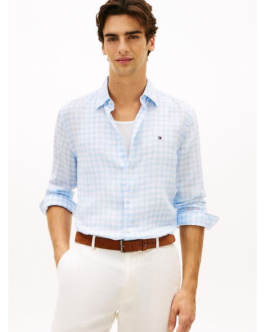 Tommy Hilfiger White Regular Fit Gingham Check Pure Linen Shirt for men