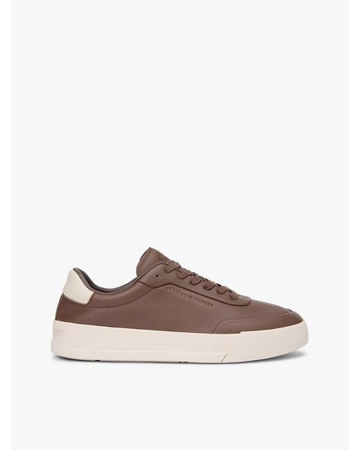 Tommy Hilfiger Brown Leather Debossed Logo Court Trainers for men