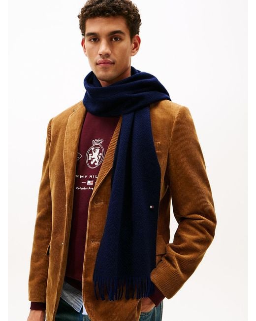 Tommy Hilfiger Blue Pure Wool Herringbone Fringed Scarf for men