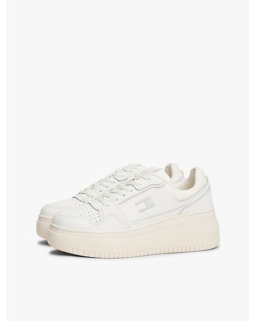 Tommy Hilfiger White Retro-Basketball-Sneaker Mit Plateausohle Und Leder
