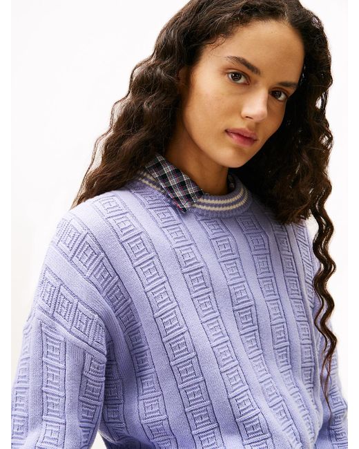Tommy Hilfiger Purple S Cotton Cable Pullover Crewneck Sweater With Knit Flag Print