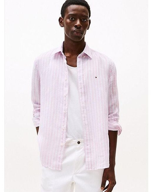 Camisa De Rayas En Lino De Corte Regular Tommy Hilfiger de hombre de color Pink