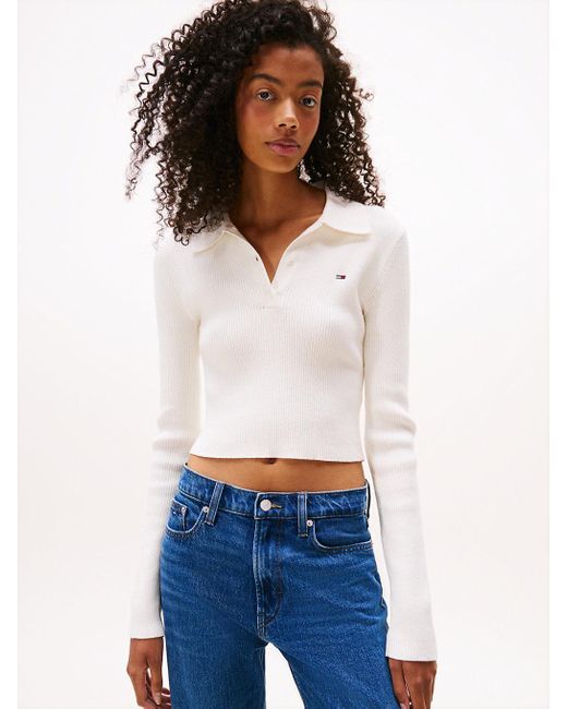 Tommy Hilfiger White Long Sleeve Slim Polo Jumper