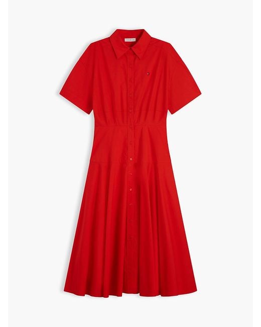Tommy Hilfiger Red Fit And Flare Poplin Midi Shirt Dress