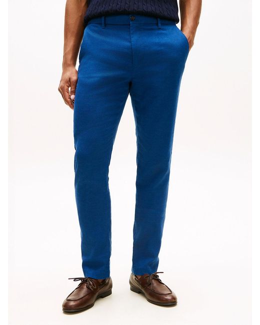 Tommy Hilfiger Blue Denton Straight Leg Linen Blend Chinos for men
