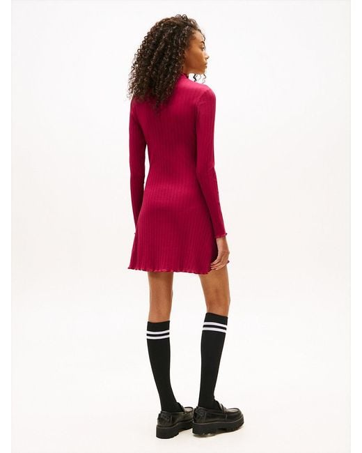 Tommy Hilfiger Red Ruffle Trim Ribbed Slim Mini Dress