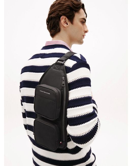 Tommy Hilfiger Black Metal Logo Sling Backpack for men