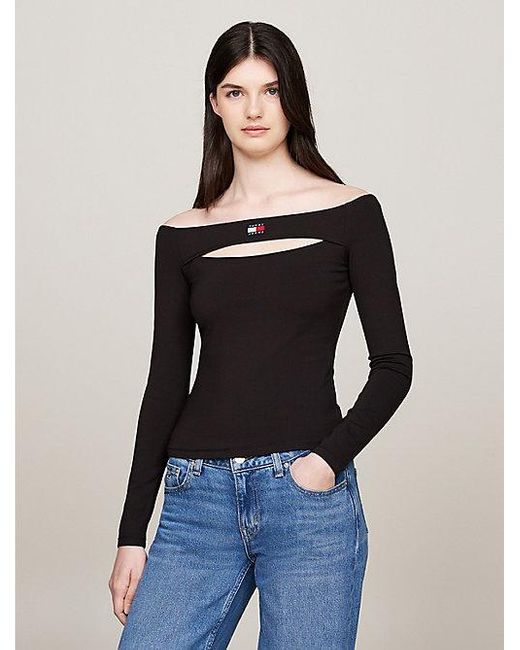 Tommy Hilfiger Tommy Badge Off-shoulder Top Met Cut-out in het Black