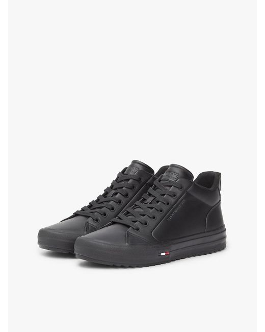 Tommy Hilfiger Black Leather Serrated Mid-Top Trainers for men