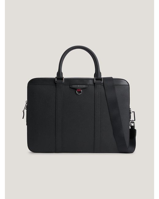 Tommy Hilfiger Black Textured Leather Laptop Bag for men
