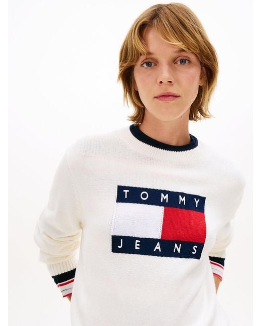 Tommy Hilfiger White Intarsia Flag Badge Tipped Relaxed Jumper