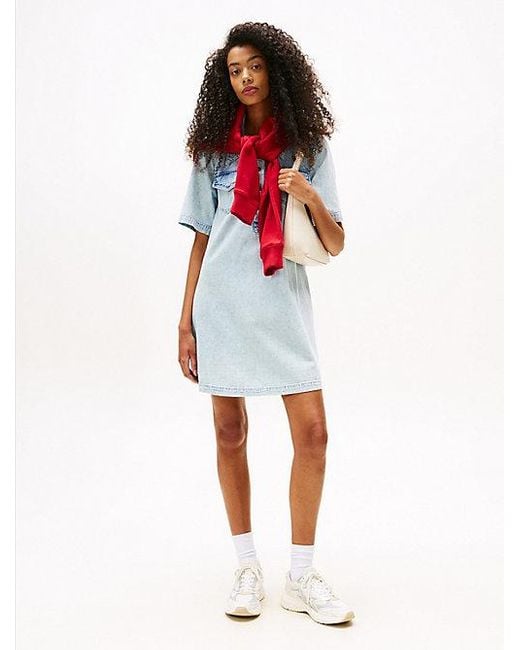 Tommy Hilfiger Denim A-Line Mini-Overhemdjurk in het Red