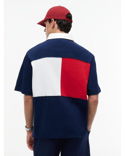 Tommy Hilfiger Blue Colour-blocked Back Logo Relaxed Polo Shirt for men