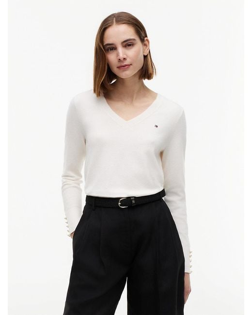 Tommy Hilfiger Blue Gold-tone Button Cuff V-neck Jumper