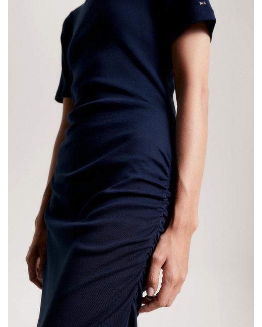 Tommy Hilfiger Blue Ruched Slim Fit Midi T-shirt Dress