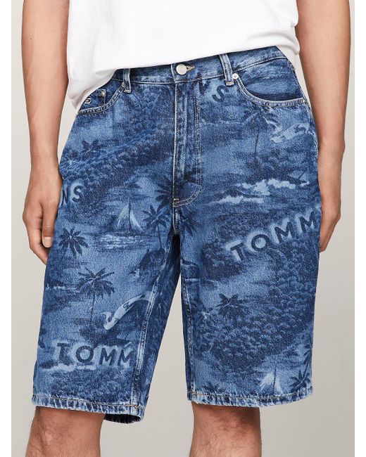 Tommy Hilfiger Blue Aiden Hawaiian Lasered Denim Baggy Shorts for men