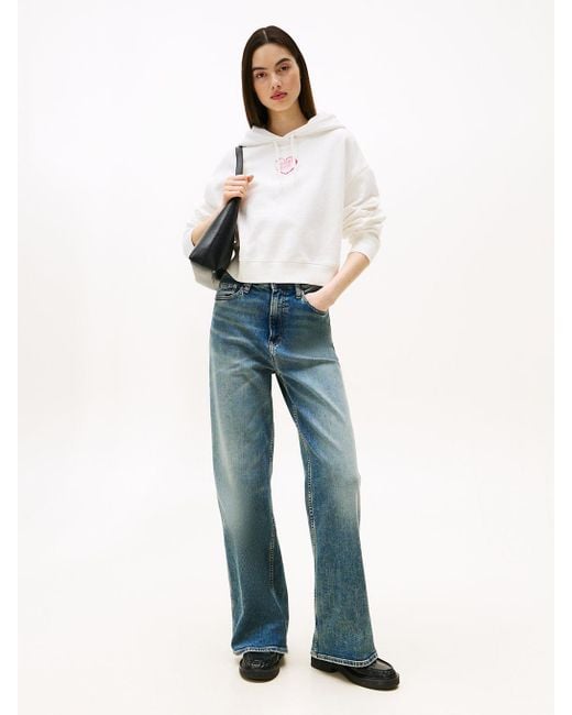 Felpa Crop Relaxed Fit Con Grafica di Tommy Hilfiger in White