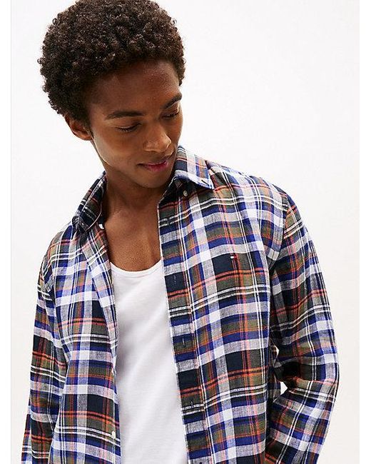 Tommy Hilfiger Regular Fit Geruit Overhemd Van Puur Linnen in het Blue voor heren