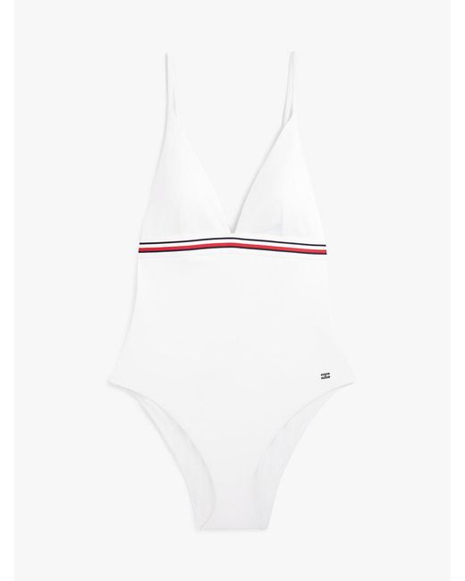 Tommy Hilfiger White Global Stripe Plunge Triangle Swimsuit