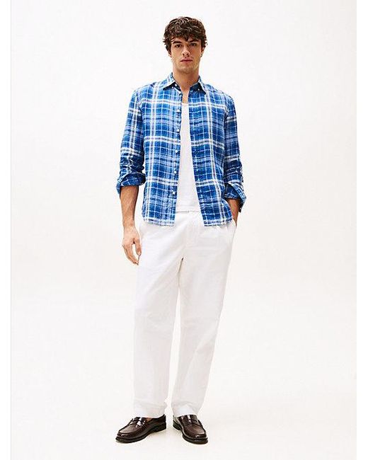 Camisa De Cuadros De Lino Con Corte Regular Tommy Hilfiger de hombre de color Blue