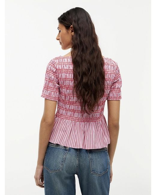 Tommy Hilfiger Red Smock Stripe Ruffle Boat Neck Top