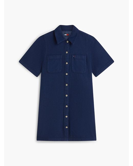 Tommy Hilfiger Blue Textured Twill A-Line Mini Shirt Dress