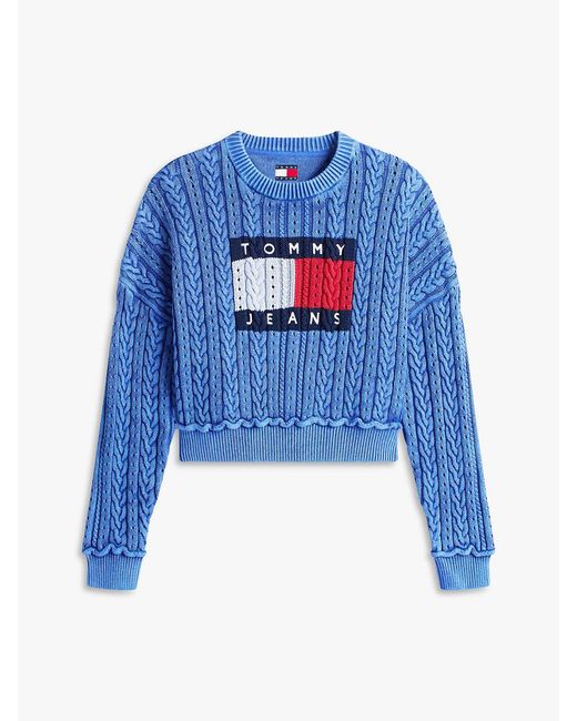 Tommy Hilfiger Blue Intarsia Flag Badge Cable Knit Jumper