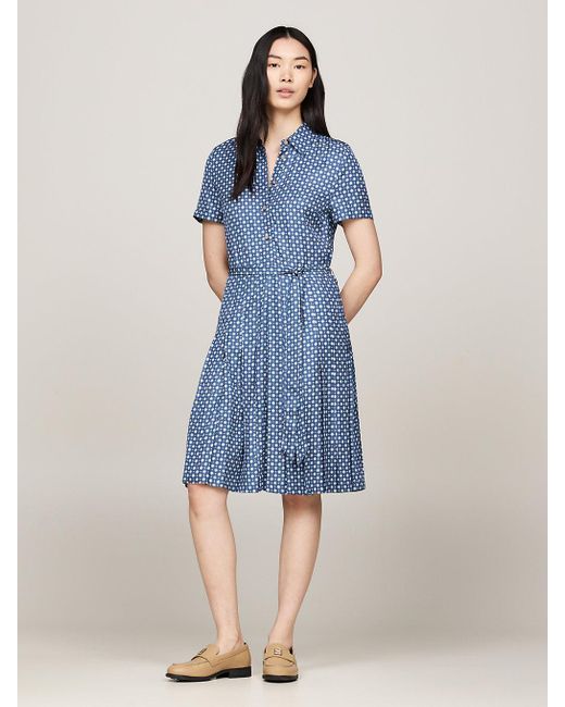 Tommy Hilfiger Blue Foulard Flag Print Pleated Shirt Dress