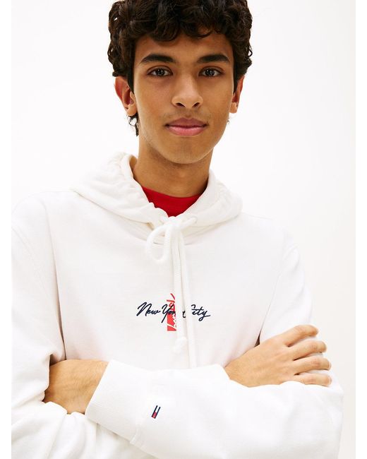 Tommy Hilfiger White Signature Back Logo Terry Drawstring Hoody for men