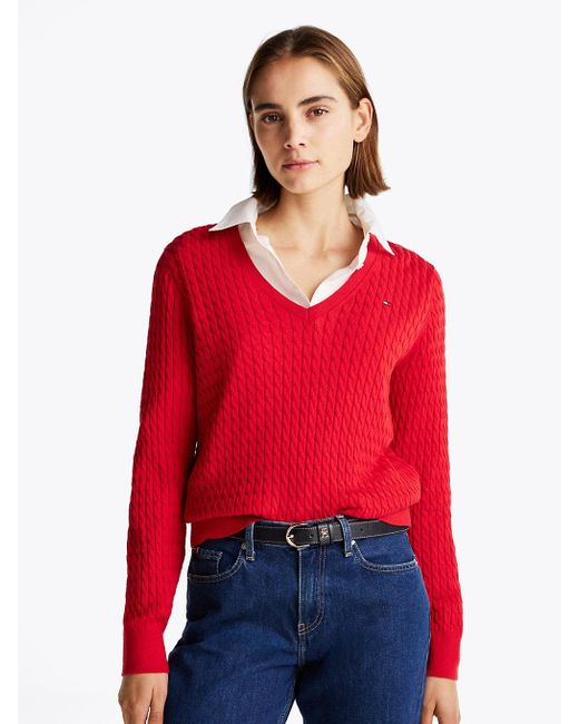 Tommy Hilfiger Red Cable Knit V-neck Jumper