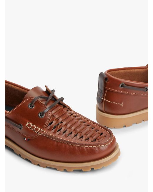 Tommy Hilfiger Brown Leather Braided Boat Shoes for men