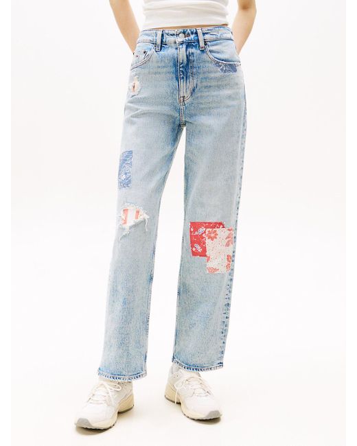 Jeans Straight Fit Aderente A Vita Alta Con Patchwork di Tommy Hilfiger in Blue