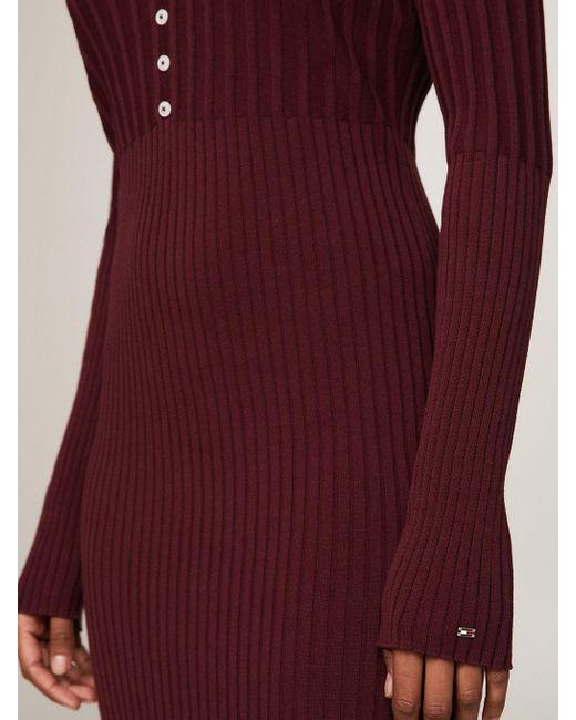 Tommy Hilfiger Red Button V-neck Slim Sweater Dress