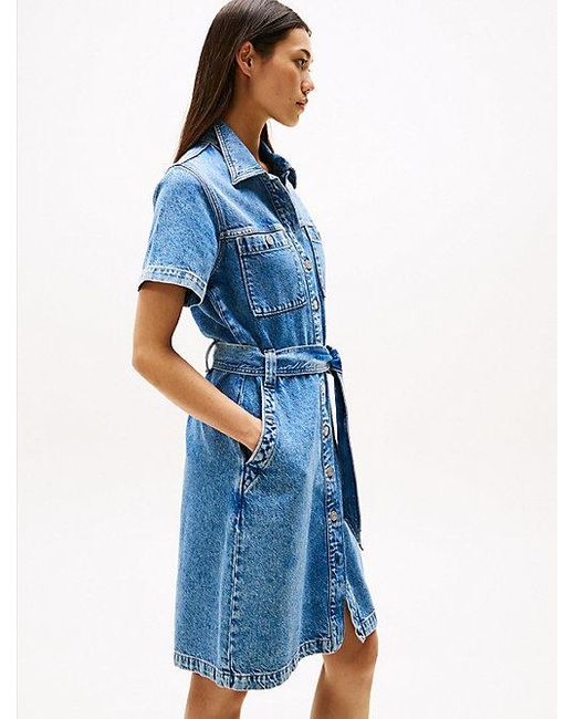 Tommy Hilfiger Denim Mini-Jurk Met Ceintuur En Korte Mouwen in het Blue