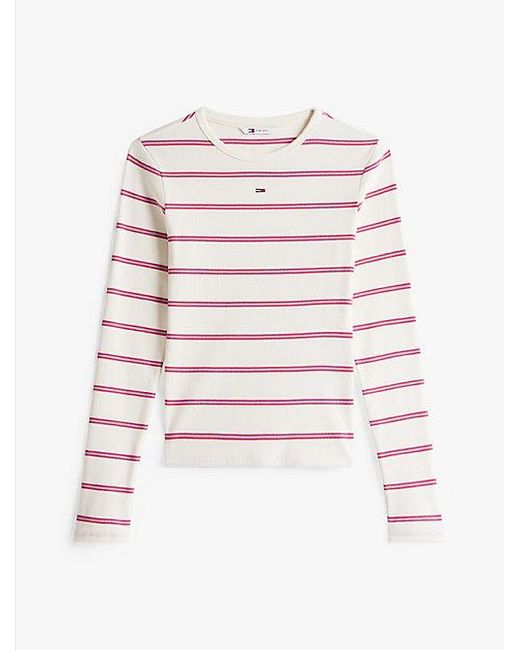 Tommy Hilfiger White Geripptes Slim Fit Langarmshirt