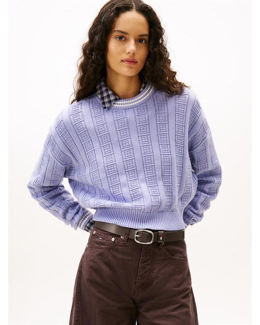 Tommy Hilfiger Purple S Cotton Cable Pullover Crewneck Sweater With Knit Flag Print