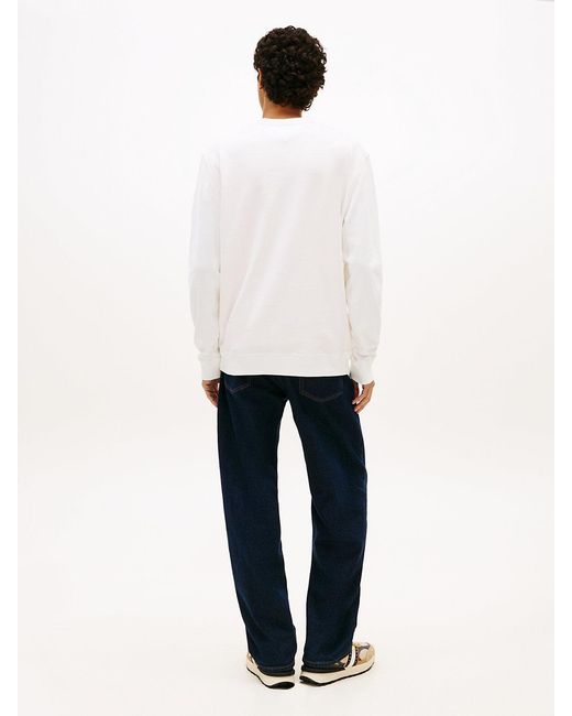 Tommy Hilfiger White Logo Sueded Terry Crew Neck Sweatshirt for men