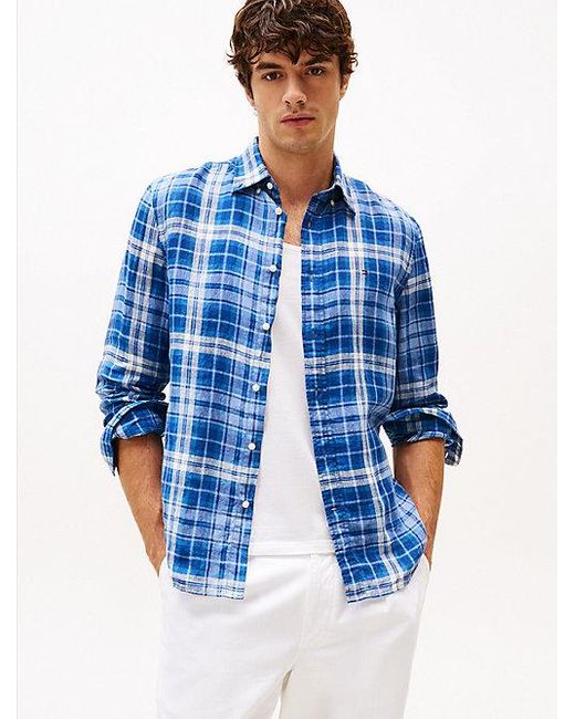 Camisa De Cuadros De Lino Con Corte Regular Tommy Hilfiger de hombre de color Blue