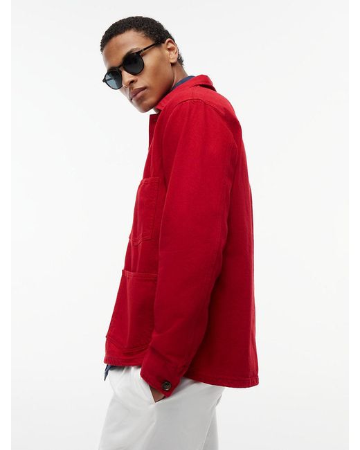Tommy Hilfiger Red Washed Flag Embroidery Denim Chore Jacket for men