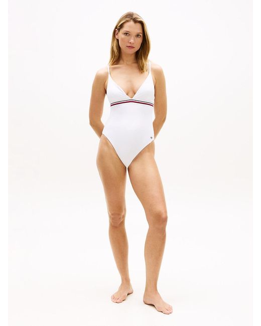 Tommy Hilfiger White Global Stripe Plunge Triangle Swimsuit