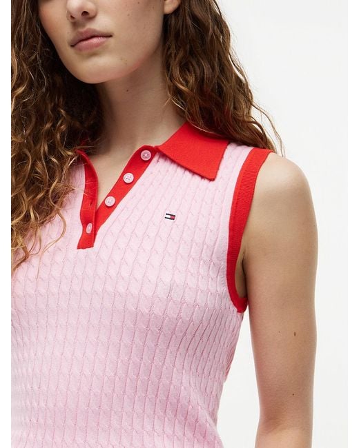 Tommy Hilfiger Red Cable Knit Slim Sleeveless Polo Jumper