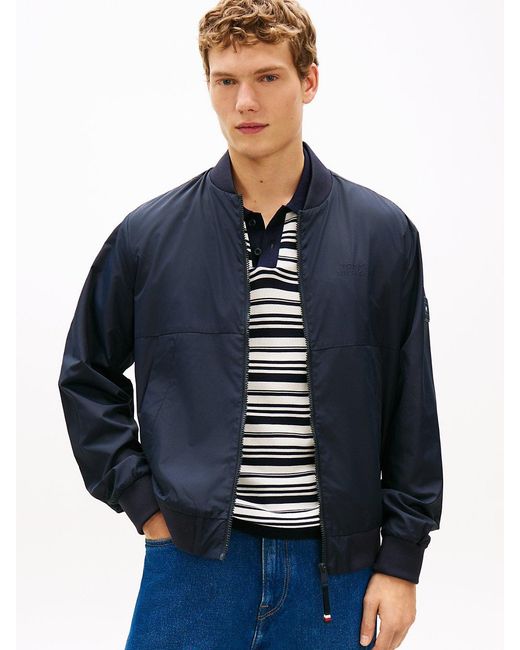 Tommy Hilfiger Blue Water Resistant Tonal Logo Bomber Jacket for men
