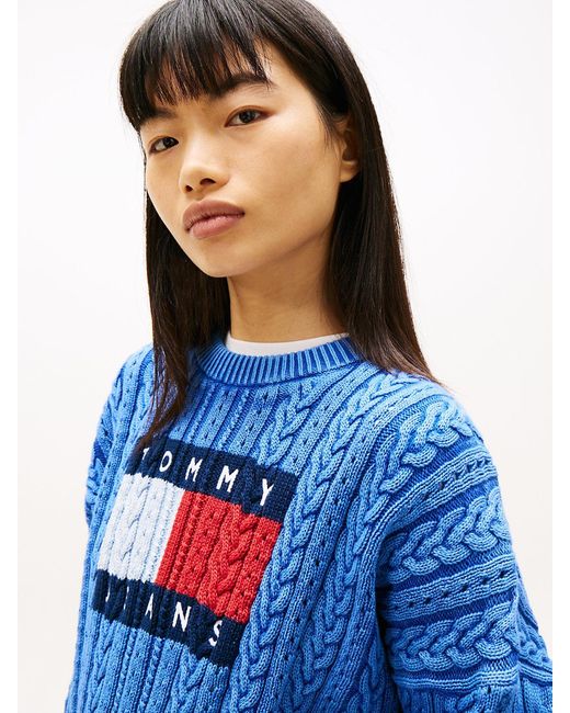 Tommy Hilfiger Blue Intarsia Flag Badge Cable Knit Jumper