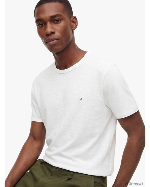 Tommy Hilfiger White Flag Embroidery Textured Crew Neck T-Shirt for men